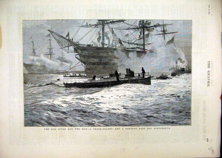 Print 1879 Three-Decker Torpedo Boat Portsmouth Ol