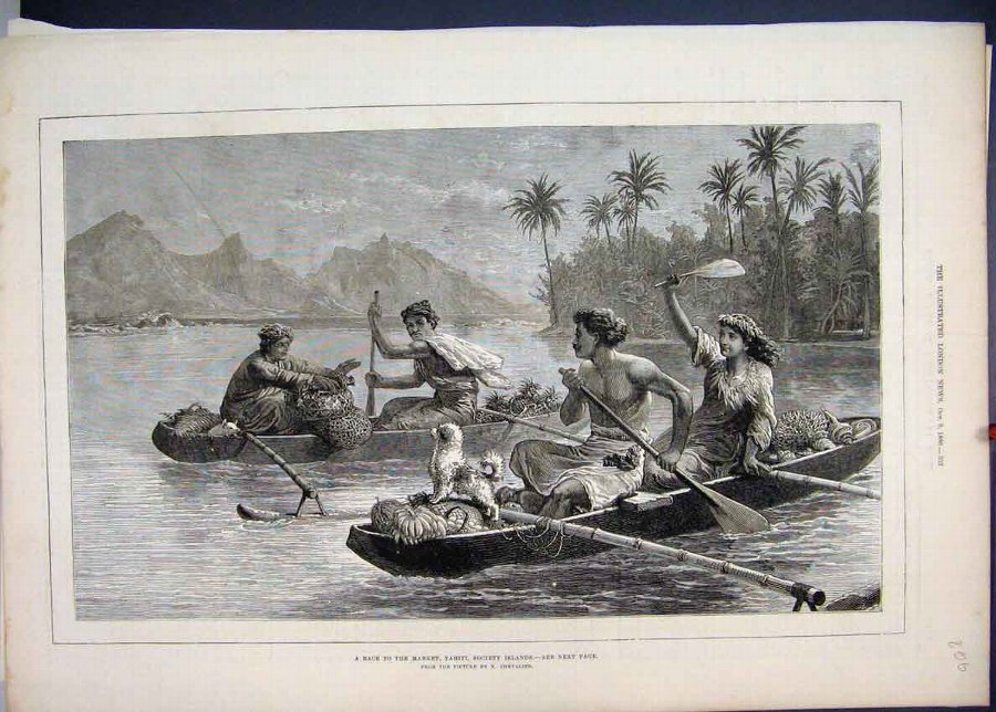 Print 1880 Boat Race Market Tahiti Society Islands