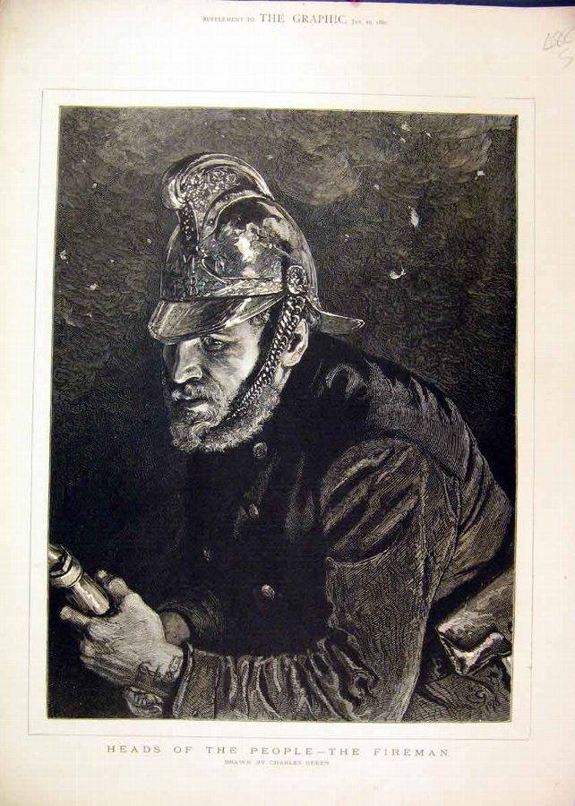 Print 1880 Heads People Fireman Helmet Hose Drawin
