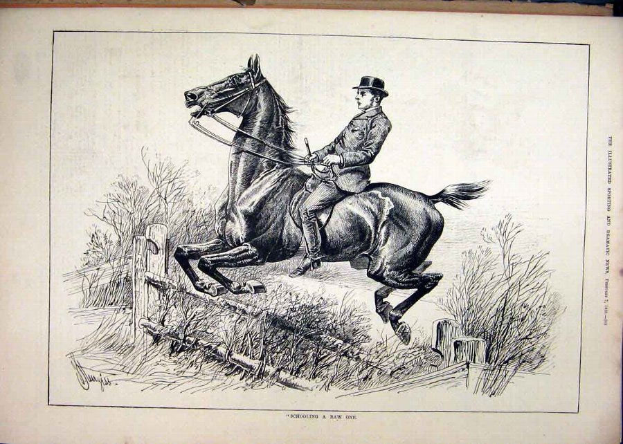 Print 1880 Horse Rider Jumping Fence Country Scene