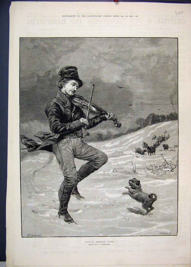 Print 1880 Man Snow Violin Dog Sheep Dancing Old 2