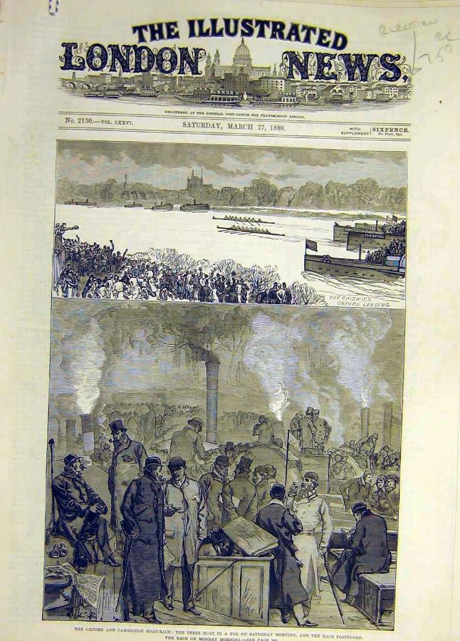 Print 1880 Oxford Cambridge Boat Race Press Fog Po