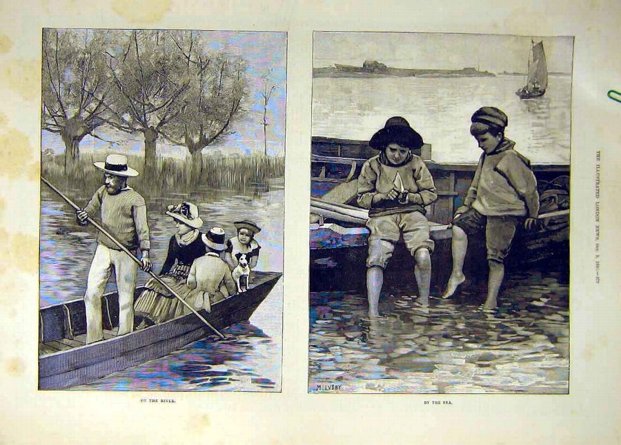 Print 1880 River Boat-Man Children Sea Beach Boat 