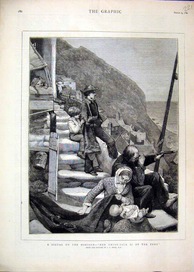 Print 1880 Signal Horizon Family Watching Sea Scen