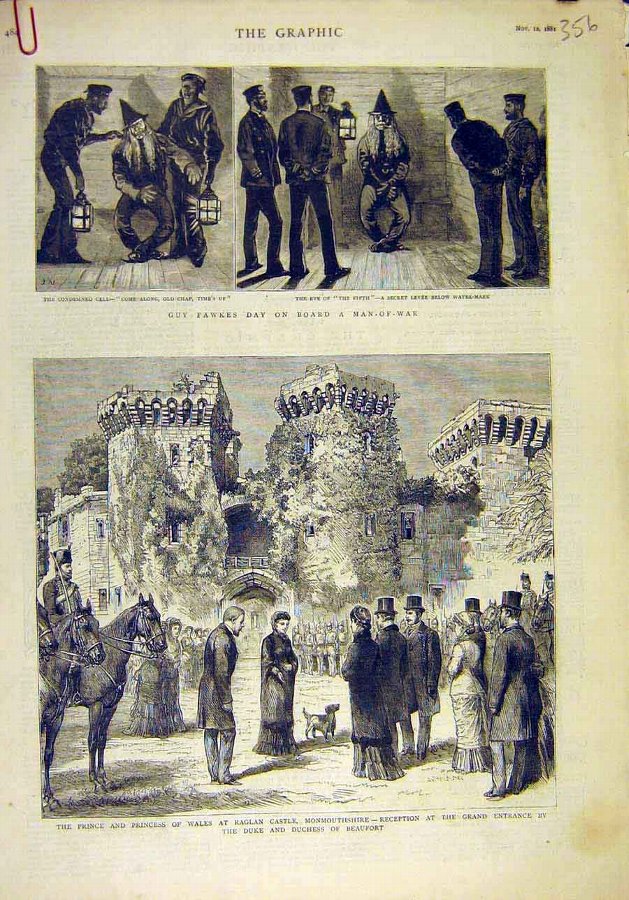 Print 1881 Guy-Fawkes Man-Of-War Raglan Castle Roy
