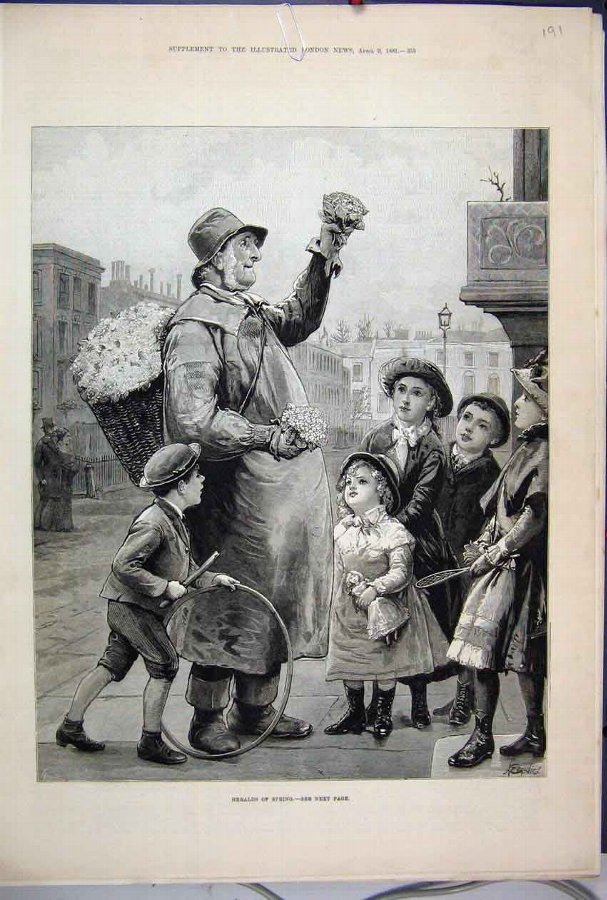 Print 1881 Heralds Spring Man Flowers Children Pla