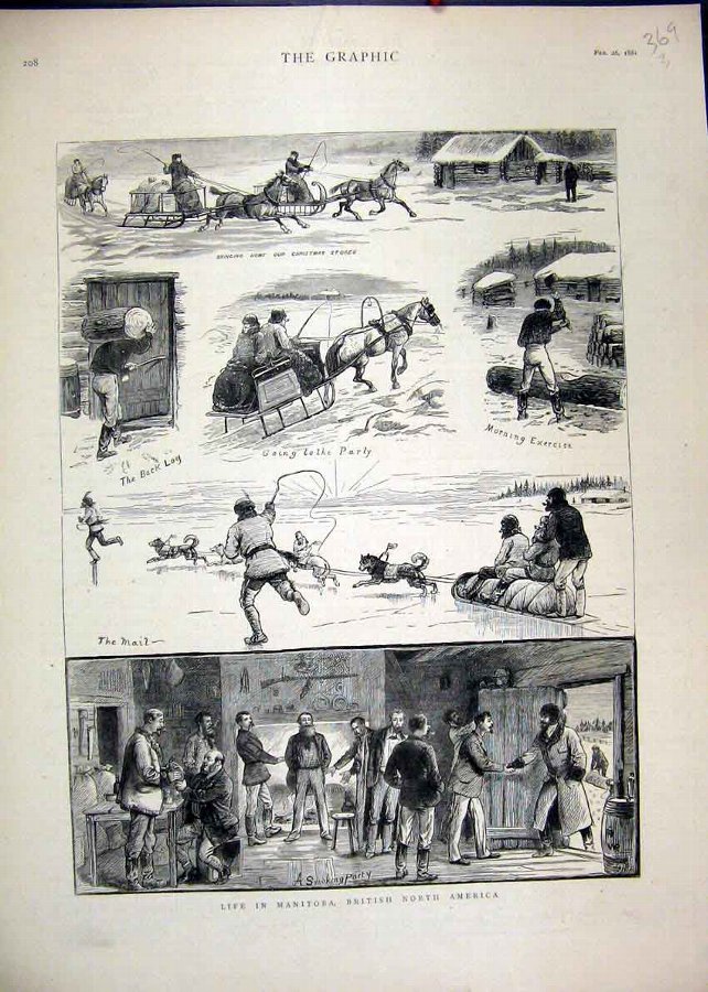 Print 1881 Manitoba America Party Horse Dog Snow I