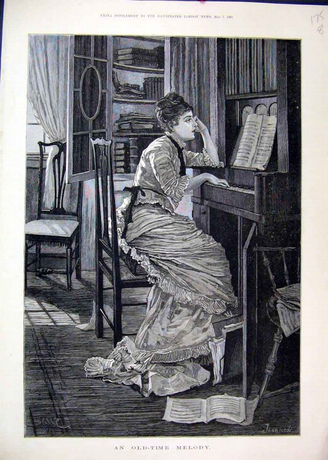 Print 1881 Old Time Melody Woman Piano Music Fine 