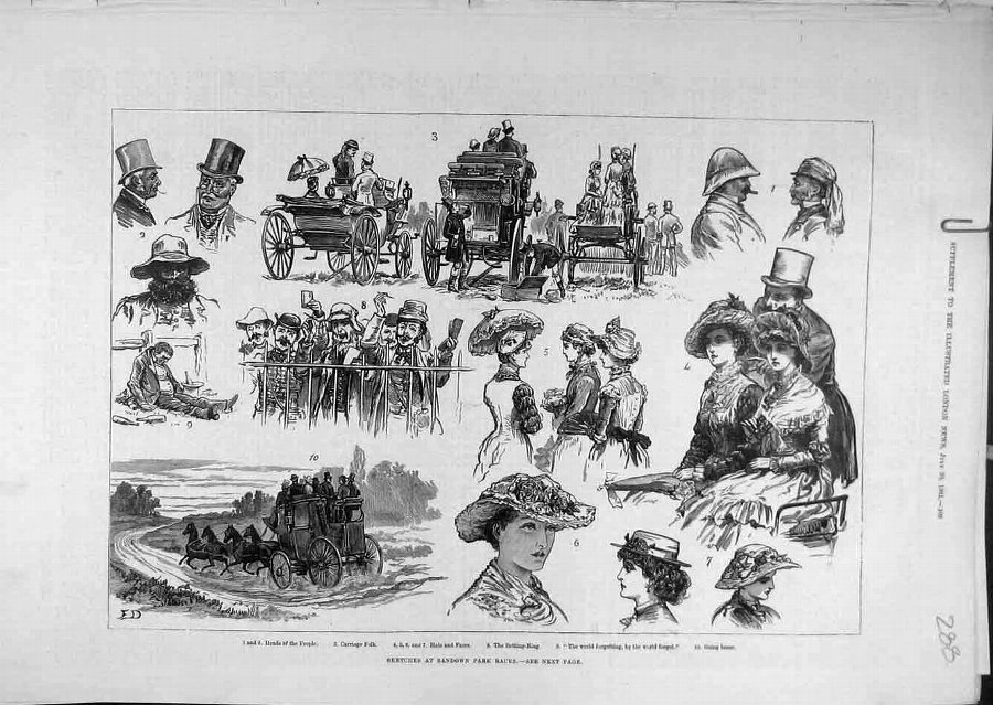 Print 1881 Sketches Sandown Park Races People Ladi