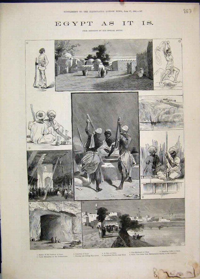 Print 1882 Egypt Siout Cemetery Monestery Soldier 