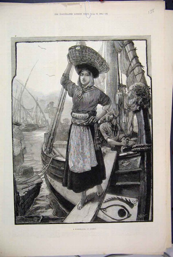 Print 1882 Fisher Girl Basket Lisbon Sea Ship 38MA