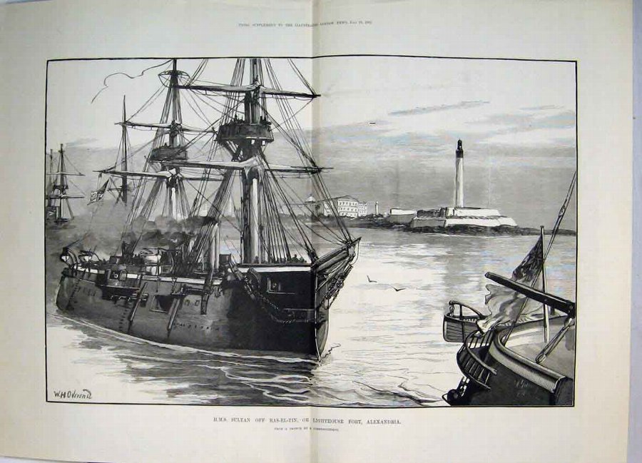 Print 1882 H.M.S Sultan Lighthouse Fort Alexandria