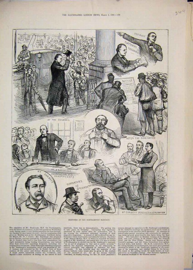 Print 1882 Northampton Election Corbett Bradlaugh 