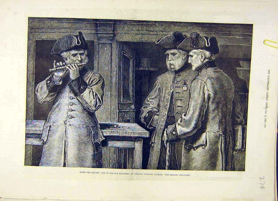 Print 1882 Review Bandsmen Chelsea Hospital Britis