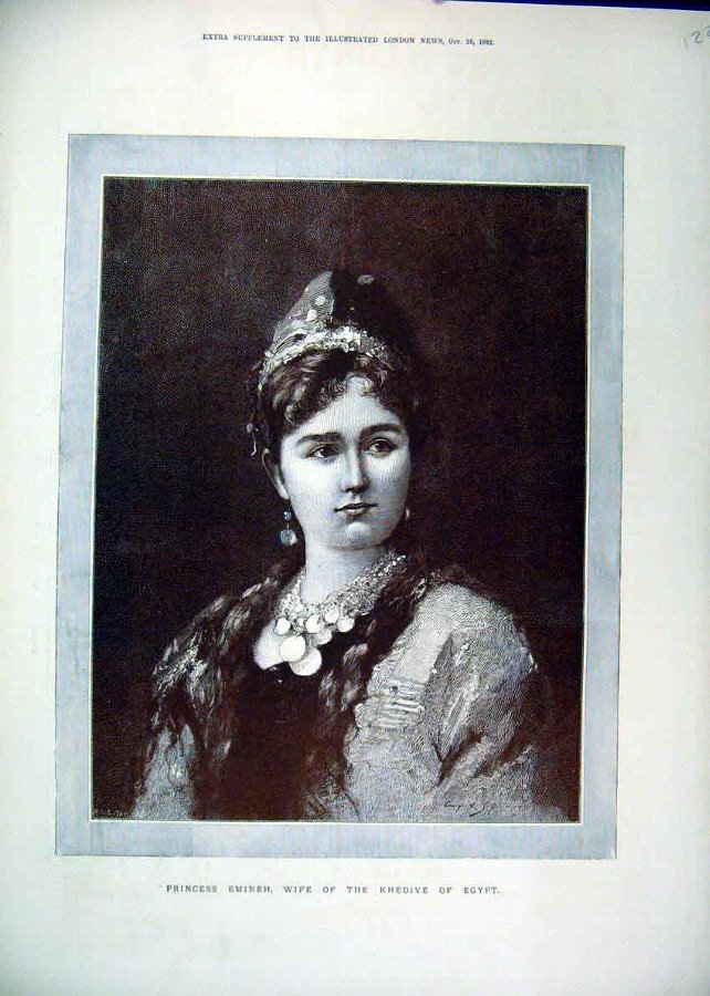 Print 1882 Sepia Princess Emineh Khedive Egypt 22M
