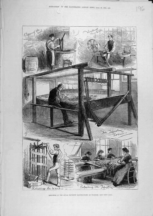 Print 1882 Sketches Royal Tapestry Factory Windsor