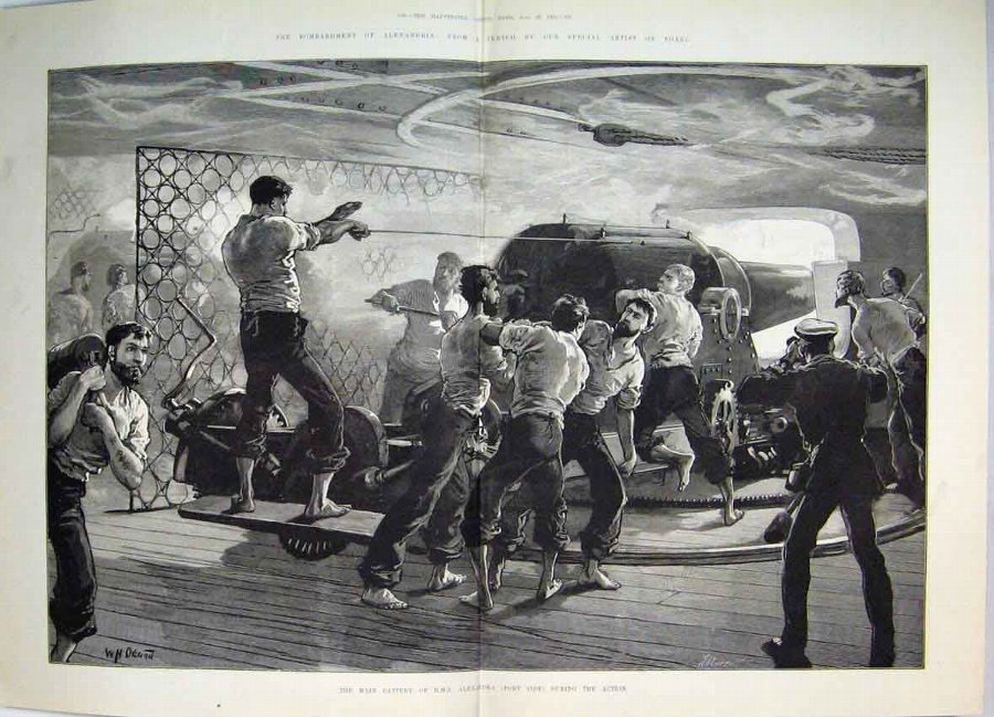 Print 1882 War Battery Cannon H.M.S Alexandria Shi