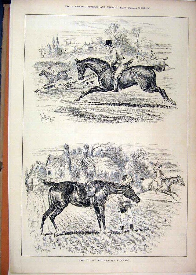 Print 1883 Hunting Hounds Horses Men Country Scene
