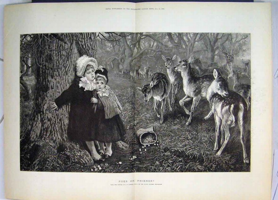 Print 1883 Little Girls Flowers Woodland Scene Dee