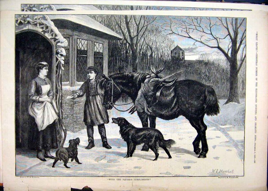 Print 1883 Snow Scene Boy Horse Dog Hare Bird Woma