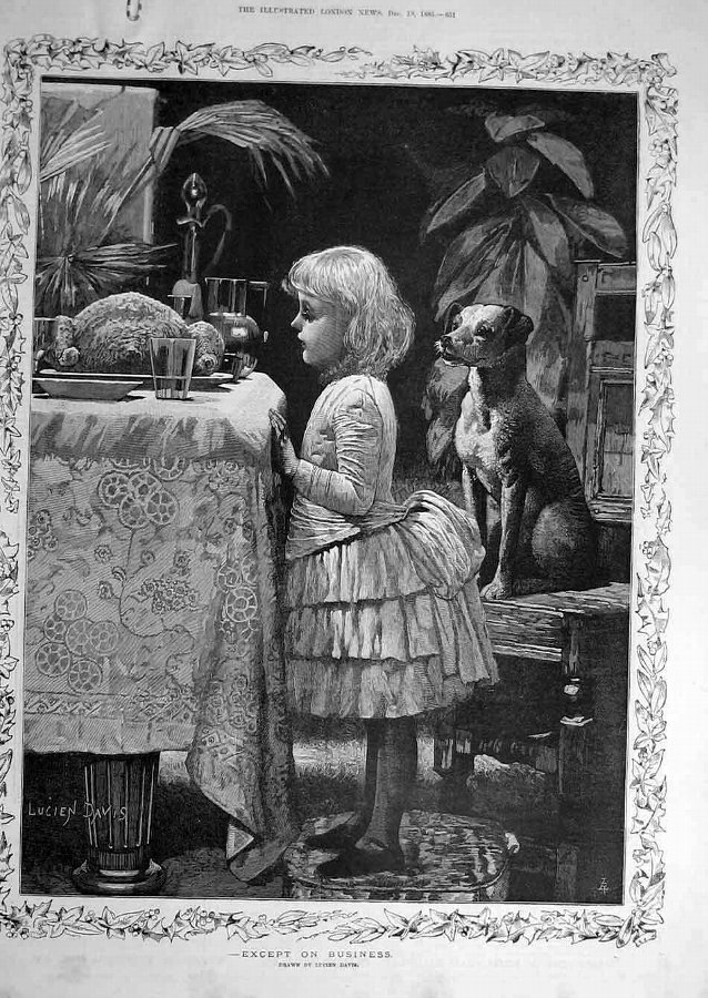 Print 1885 Davis Child Girl Dog Dinner-Table Fine 