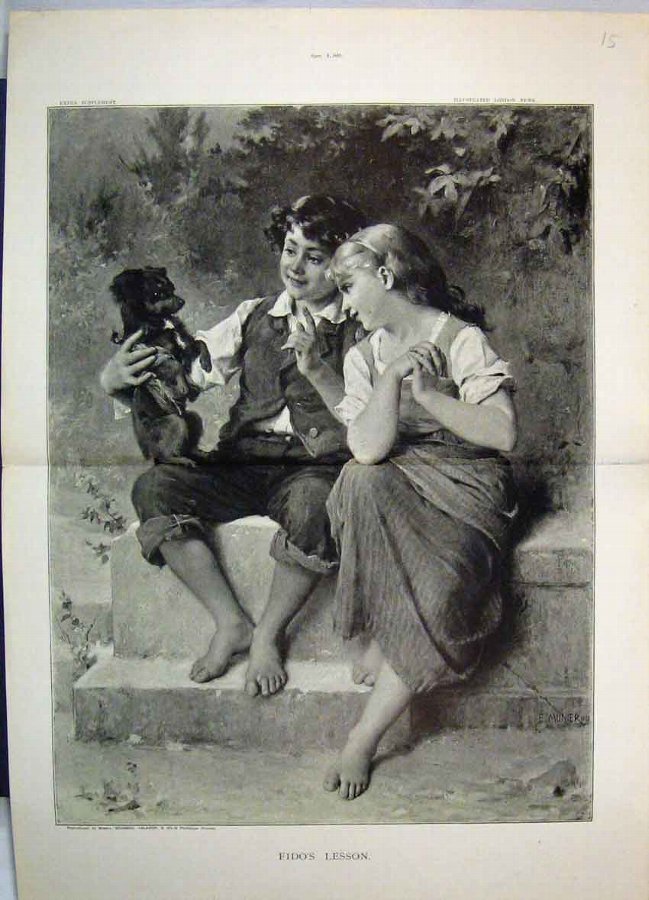 Print 1885 Fido Lesson Little Boy Girl Puppy Dog C