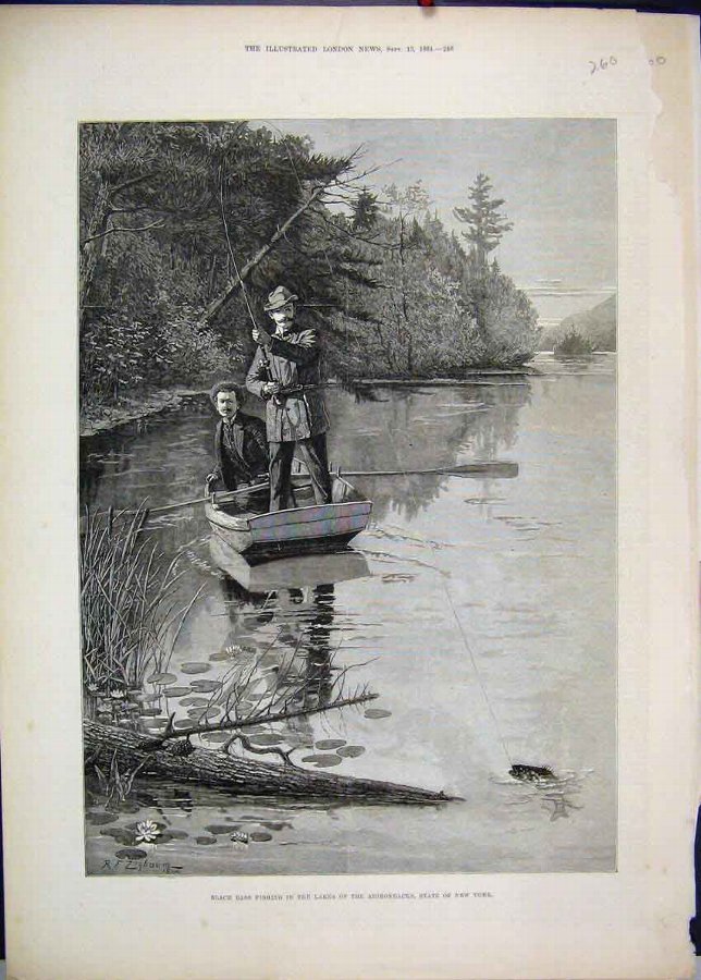 Print 1884 Black Bass Fishing Lake Adirondacks New
