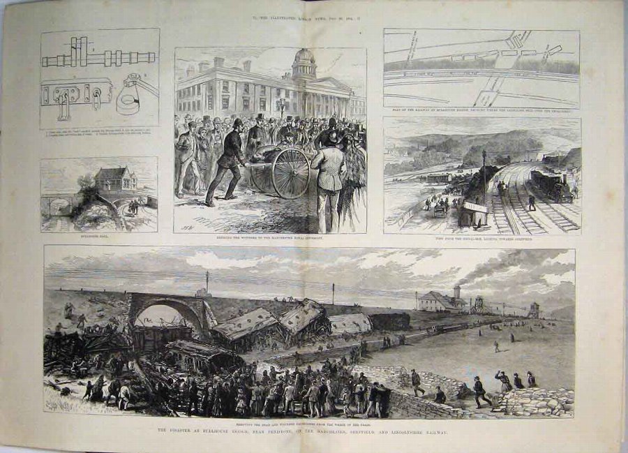 Print 1884 Disaster Bullhouse Bridge Railway Train