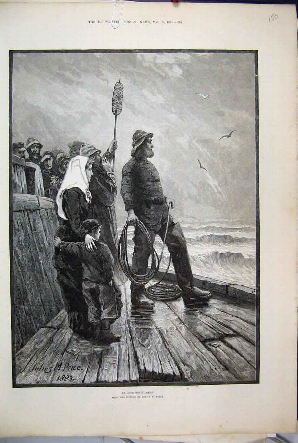 Print 1884 Fisherman Rescue Children Stormy Sea Ar