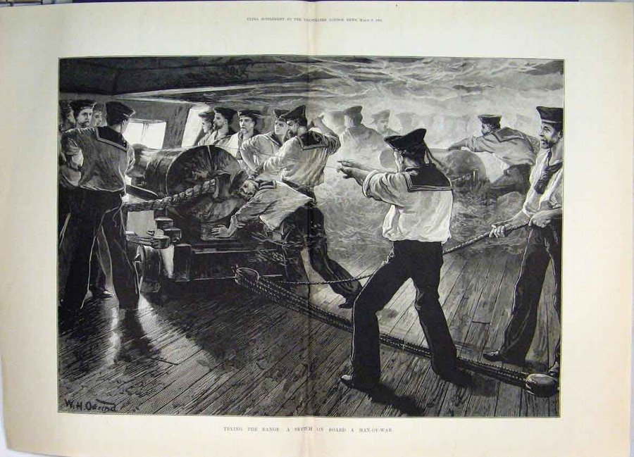 Print 1884 Sketch On Board Man War Ship Trying Ran