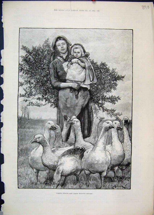 Print 1884 Woman Child Geese Country Scene 93MAR1