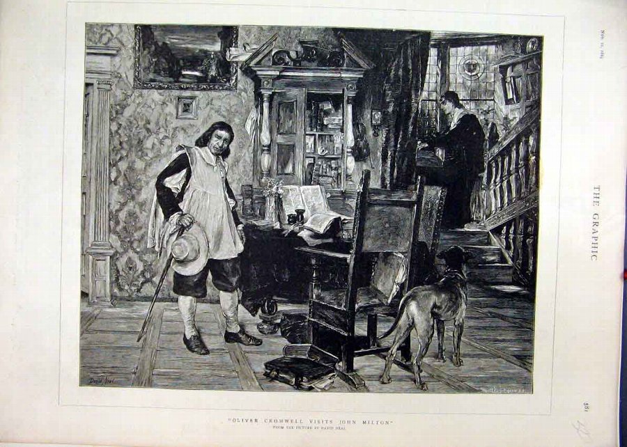 Print 1885 Oliver Cromwell John Milton Dog Fine Ar