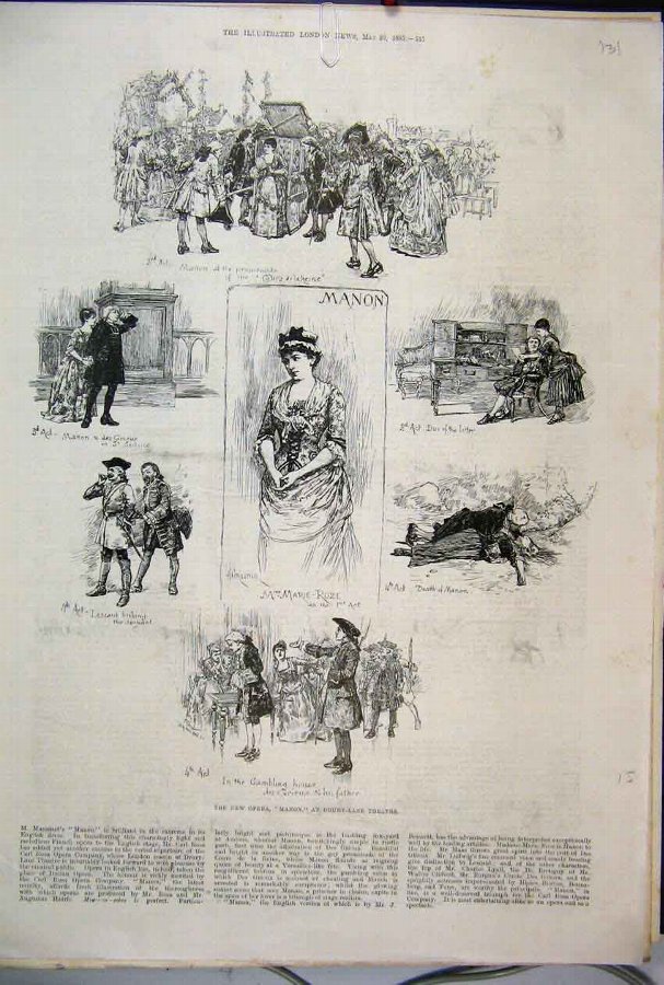 Print 1885 Opera Manon Drury Lane Theatre Scenes O