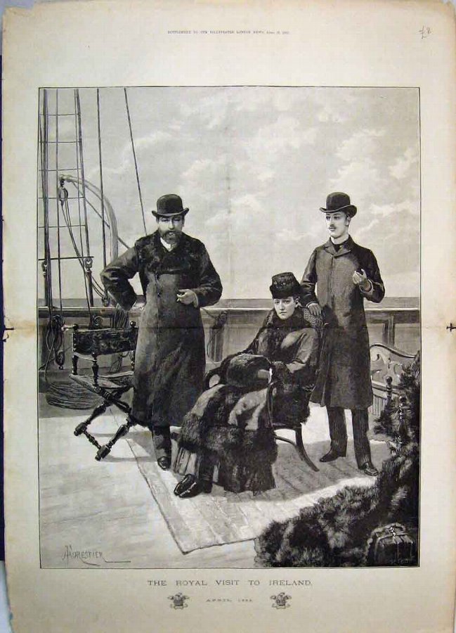 Print 1885 Portrait Royal Visit Ireland Board Ship
