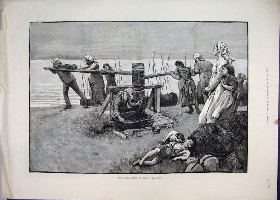 Print 1885 Storm Winding Boats Family Dog Fine Art