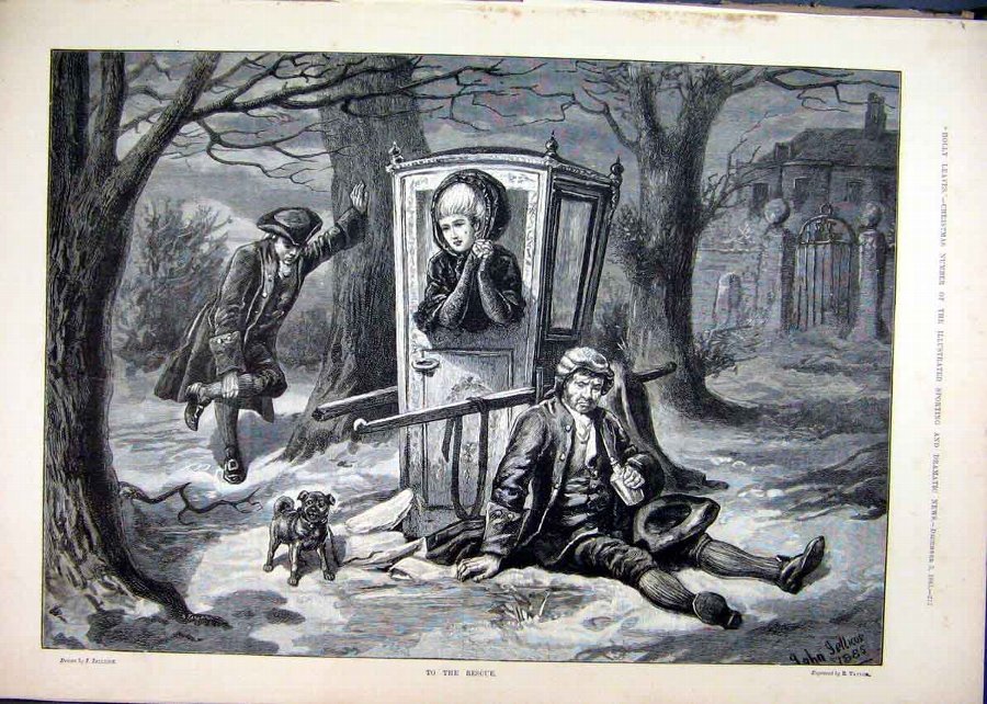 Print 1885 Woman Stranded Snow Men Resting Dog Sno
