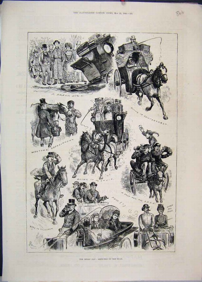 Print 1886 Derby Day Horses Carriage Darby Joan Sk