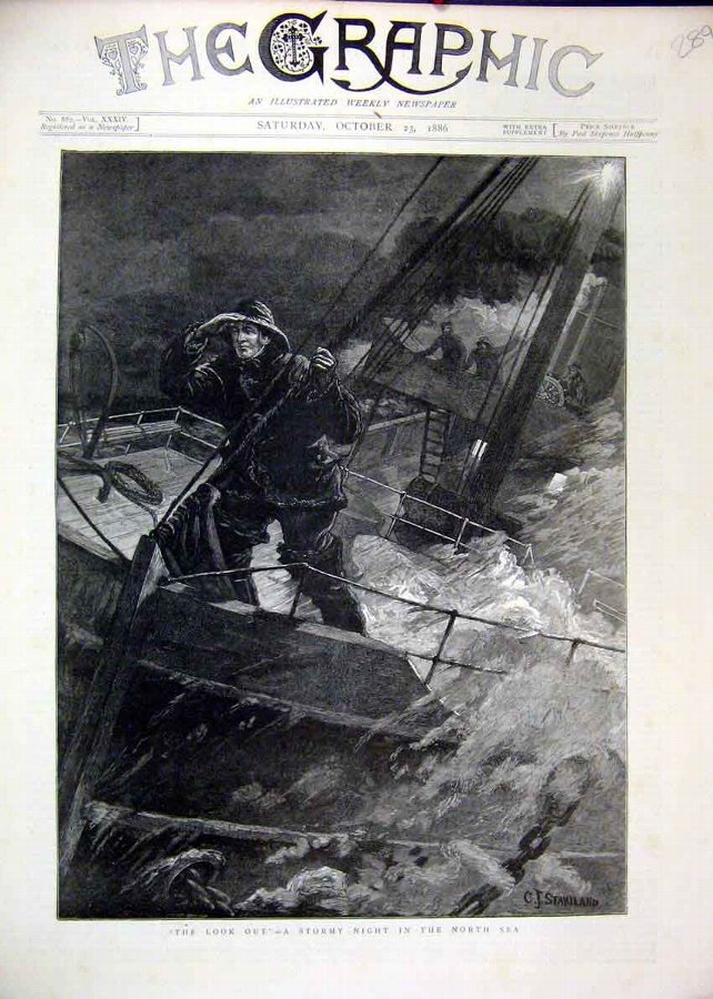 Print 1886 Ship Look Out Stormy Night North Sea Fi