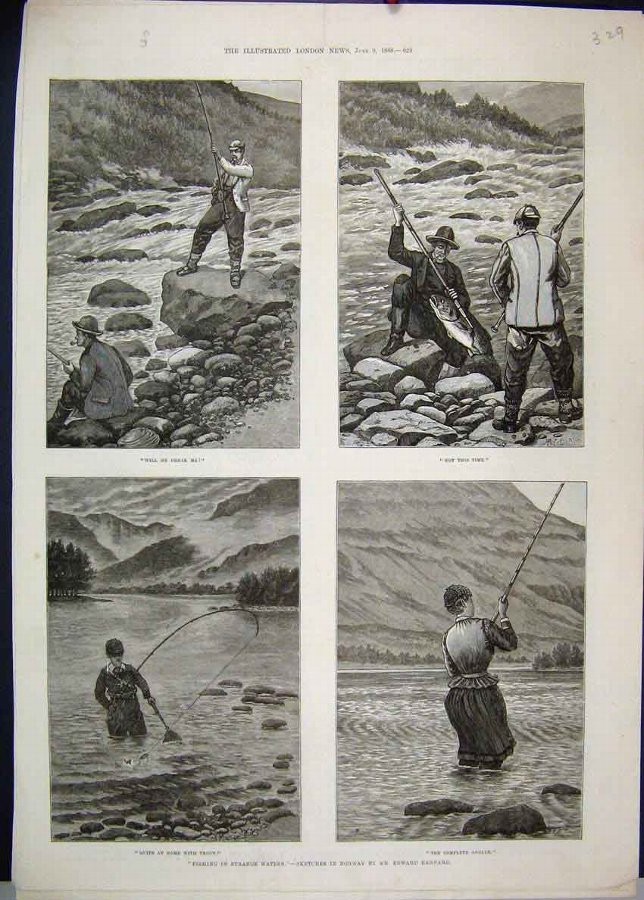 Print 1888 Fishing Trout Norway Edward Kennard Ske
