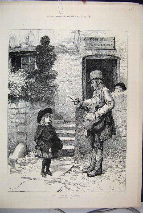 Print 1888 Postman Valentine Little Girl Victorian