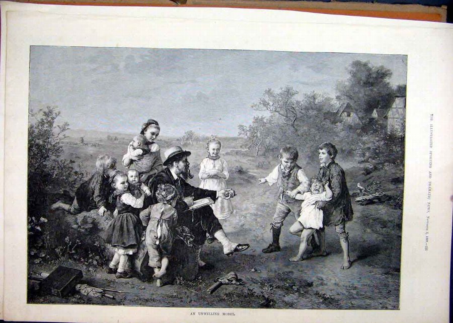 Print 1889 Artist Country Scene Children Baby Cryi