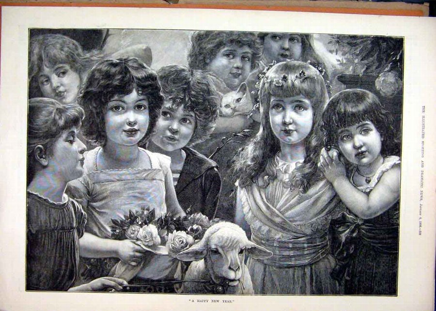 Print 1890 Happy New Year Lamb Flowers Young Girls