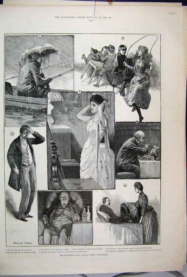 Print 1890 Influenza Children Man Fishing Eating S