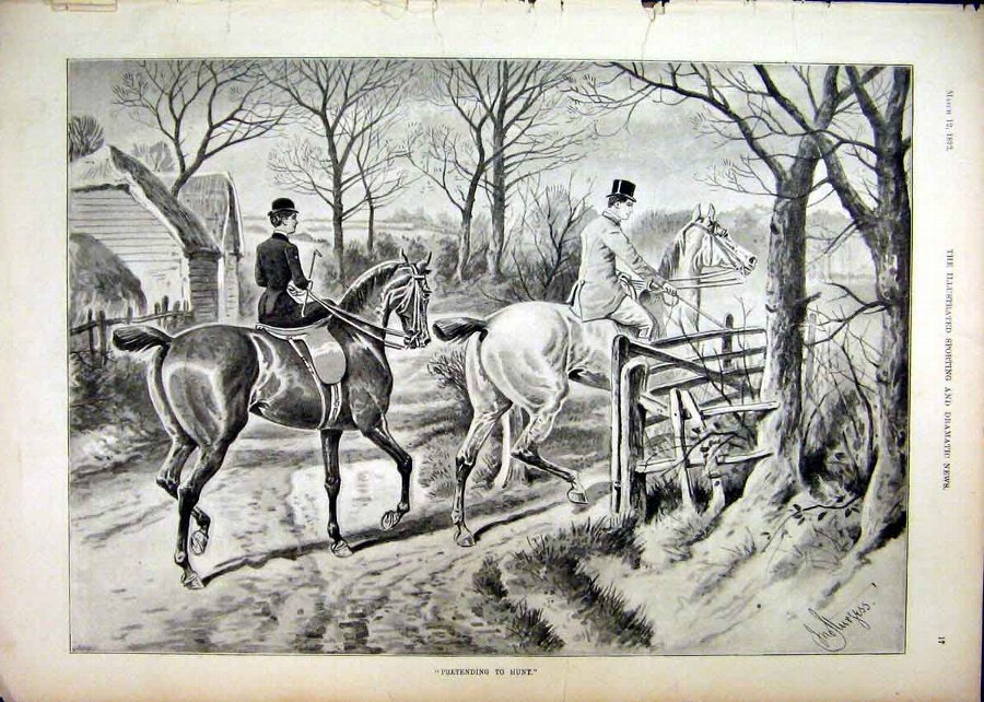 Print 1892 Man Hunting Country Scene Gate Horses O