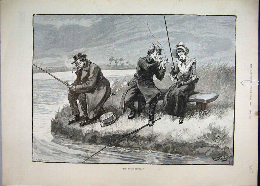 Print 1893 Fishing Woman Men Riverbank Fine Art 47