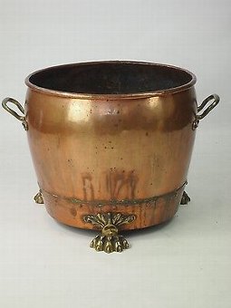 Antique Antique Victorian Copper Log Bin - Jardiniere Brass Lions Paw Feet Coal Bucket