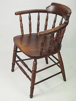 Antique Antique Victorian Smokers Bow Chair - Elm Oak Windsor Desk Captains Armchair