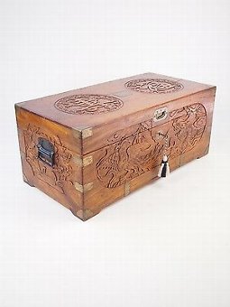 Antique Carved Chinese Camphor Wood Chest - Vintage Coffer Blanket Toy Box Coffee Table