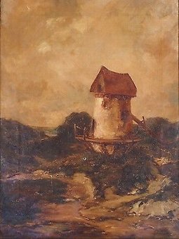 Antique Antique Oil Painting - Britsh School Victorian Signed Gilt Frame Windmill Art