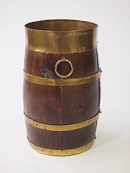 Antique Antique Stick Stand - Small Coopered Oak Brass Barell Umbrella Bin Log Bucket